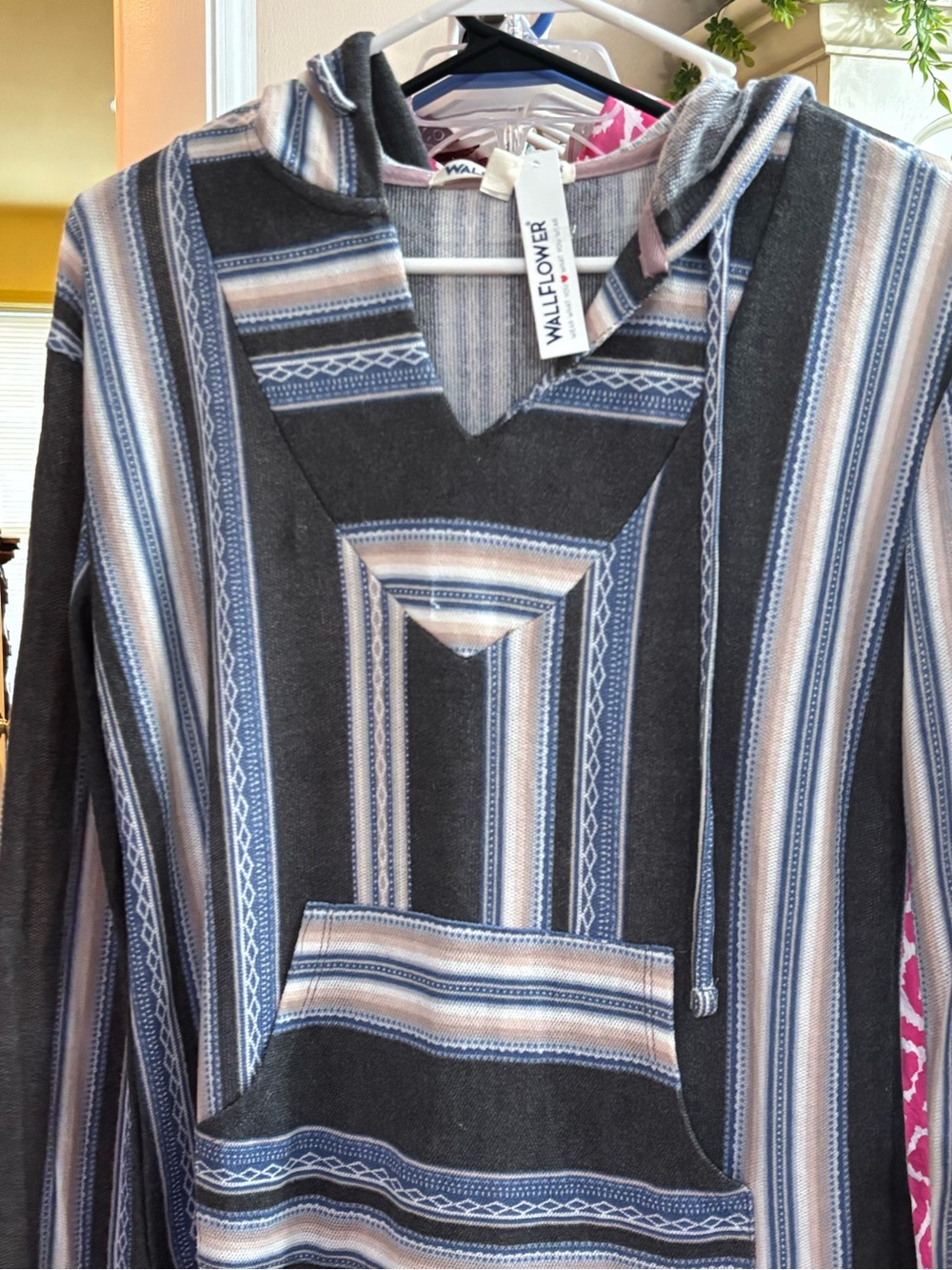 Wallflower Striped Hooded Baja Pullover in Charcoal, Blue & Tan